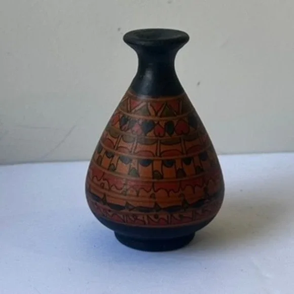 Vintage Miniature Hand Painted Pottery Vase Geometric Tribal Terracotta Black 3