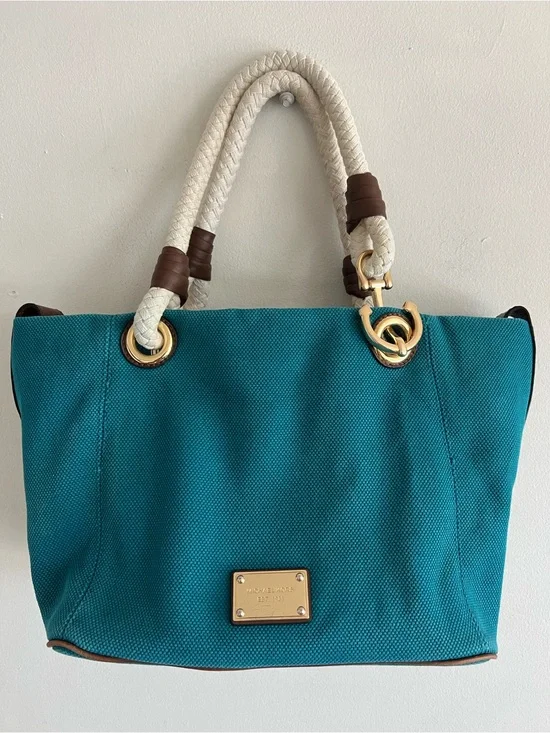 Michael Kors Teal Canvas Tote with Cream Rope Handles