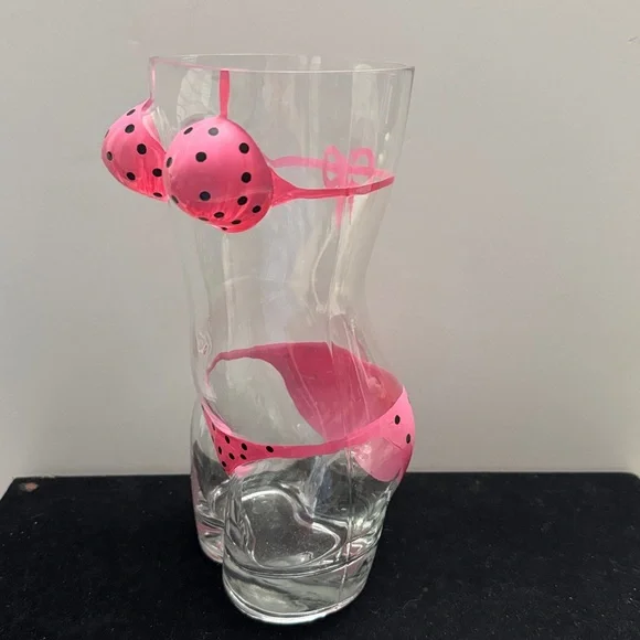novelty glass/vase  woman's torso, decorated w/pink, polka-dotted bikini 10.24”