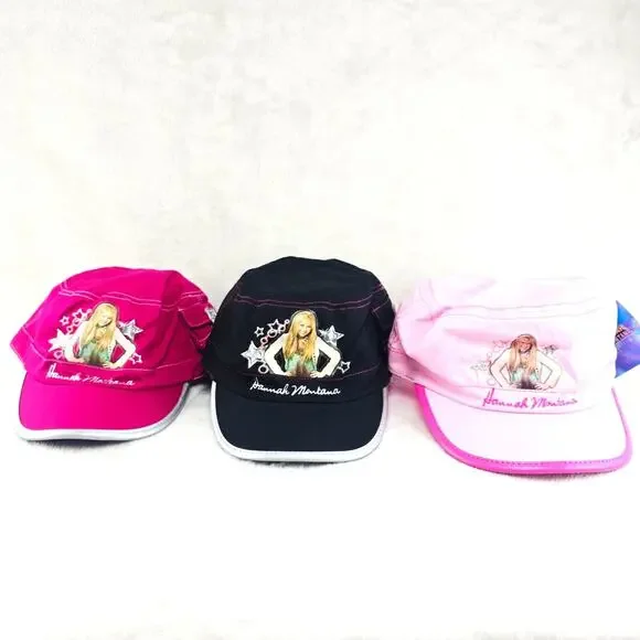 Lot Of 3 Hannah Montana Disney Black Pink Cadet Style Girls Cap Hat Vintage Y2K