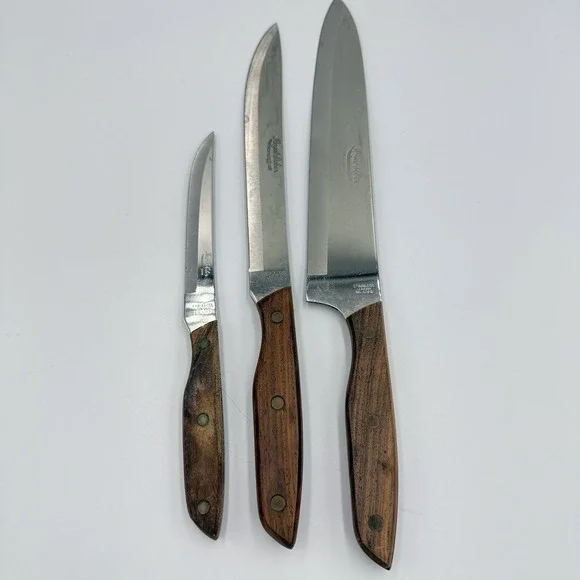 VTG Royal Saber Japan Stainless Steak Chef Knife Set Wood Handle 3 Pc Midcentury