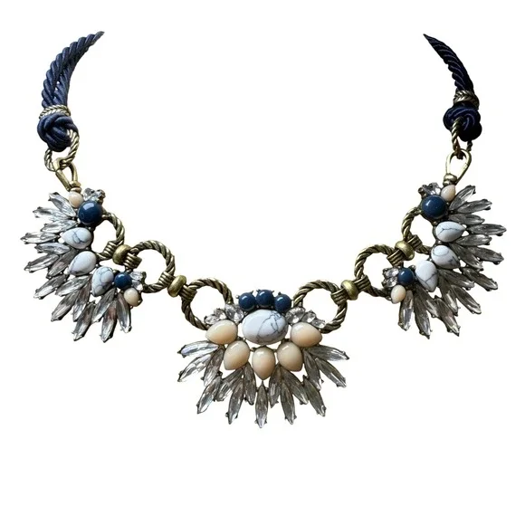 Chloe & Isabel Statement‎ Bib Necklace Blue White Gold Tone Rope Crystal Beaded