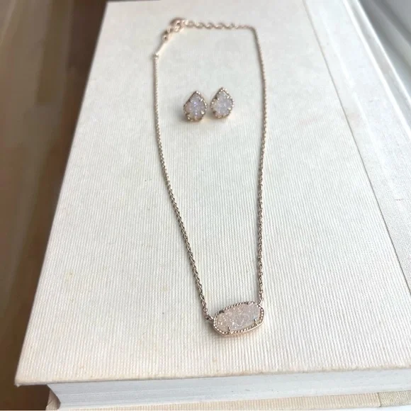 Kendra Scott Elisa Rose Gold Pendant Iridescent Drusy Necklace & Tessa Earrings