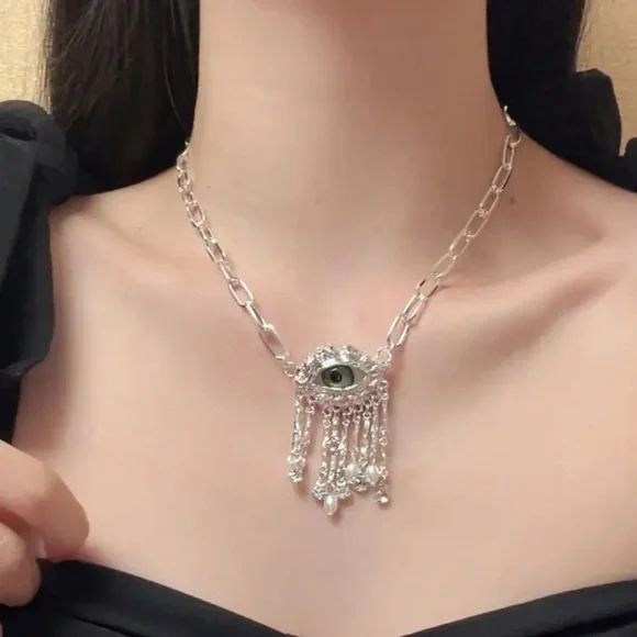 Vintage Eye Gaze Pearl Choker – Gothic Exaggerated Tassel Evil Eye Necklace 👁️