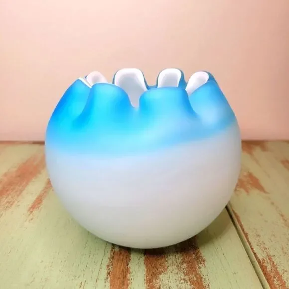 Fenton Blue Satin Glass Crimmped Ruffle Edge MCM Art Glass Bowl