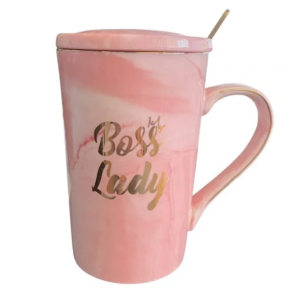 Boss Lady Ceramic Mug With Lid and Long Spoon Pink and White Marble 14 oz.