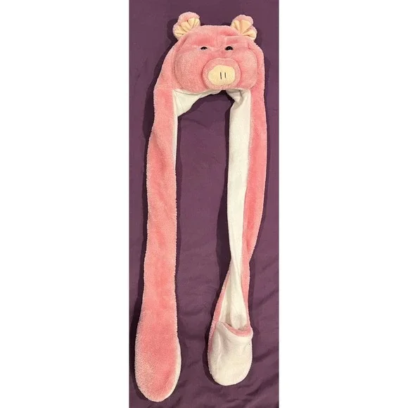 Pig Hat Animal Fluffy with Hood Scarf Long Mittens EUC