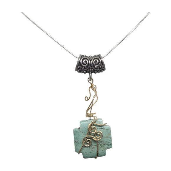 Artisan Wire Wrapped Chrysoprase Cross Pendant Necklace Silver tone Snake Chain