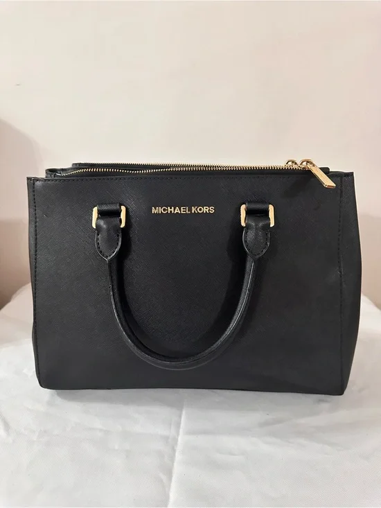 Michael Kors Black Leather Top-Handle Satchel with Gold Hardware