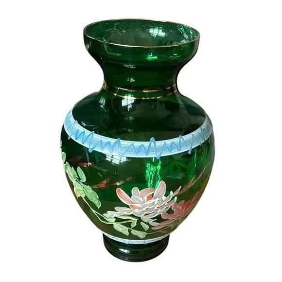 Vintage Bohemia Green Glass Vase‎ w/ Hand Painted Flowers & Gold Accents 11