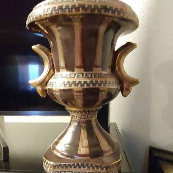 Vintage Oriental Accent Brown & Gold Urn Planter/Vase – 12