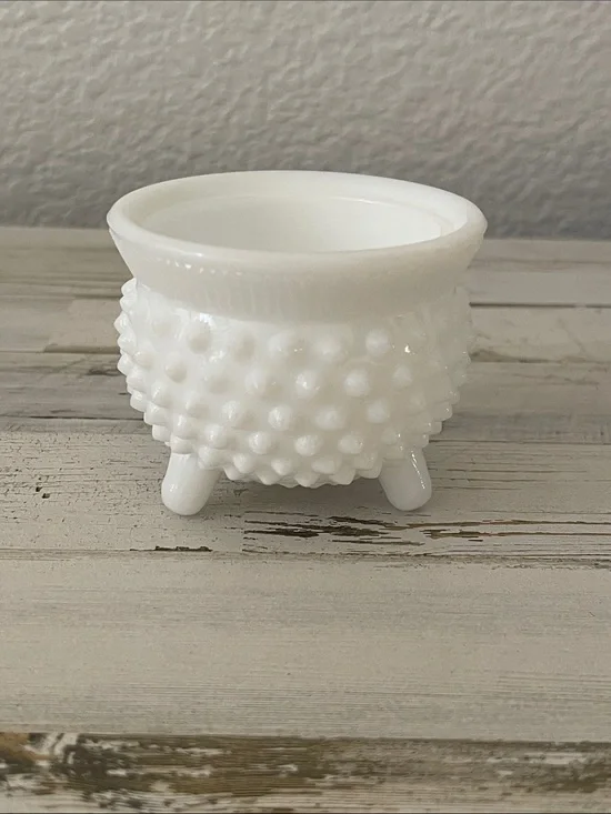 Vintage White Milk Glass Hobnail Footed Toothpick Holder / Mini Vase