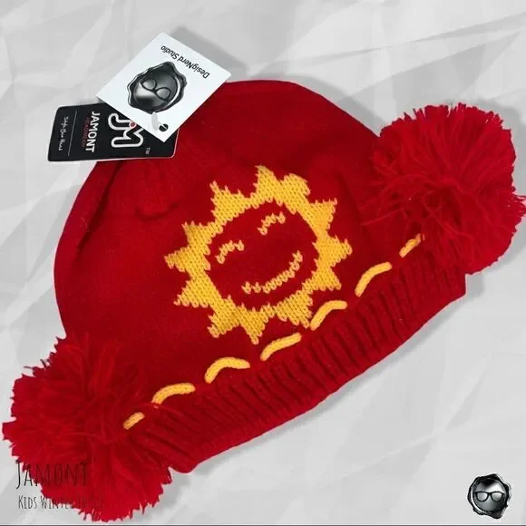 DOUBLE-POUF NORDIC WINTER SKI HAT BEANIE FOR KIDS IN SUNVALLEY RED