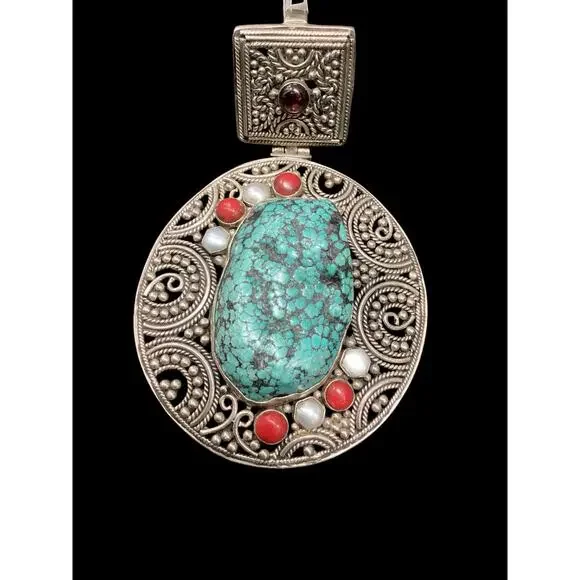 Gorgeous 925 Sterling Silver Statement Pendant Turquoise Garnet Pearl Coral