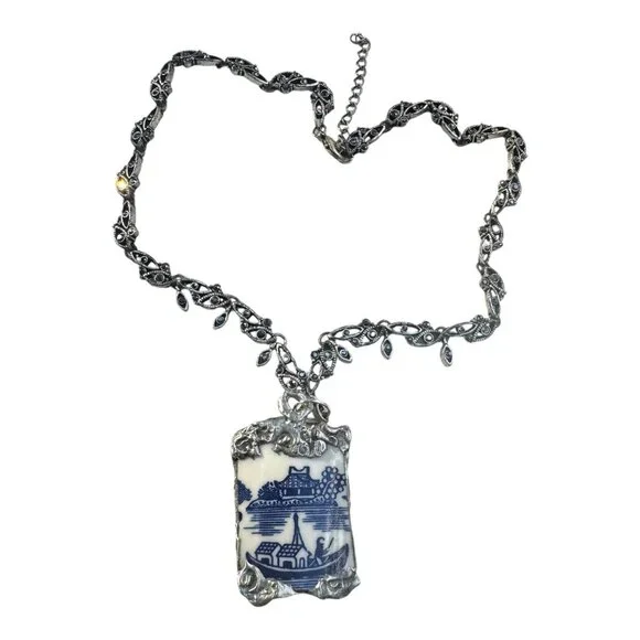 Churchill Willow China Artisan Silver Cabochon Pendant & VNTG Marcasite Necklace