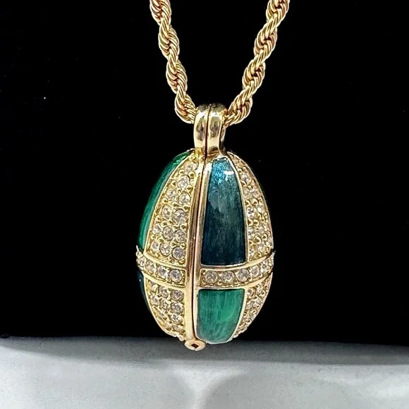 VTG Swarovski Crystal Egg Locket Pendant Necklace Green Blue Enamel Swan Signed