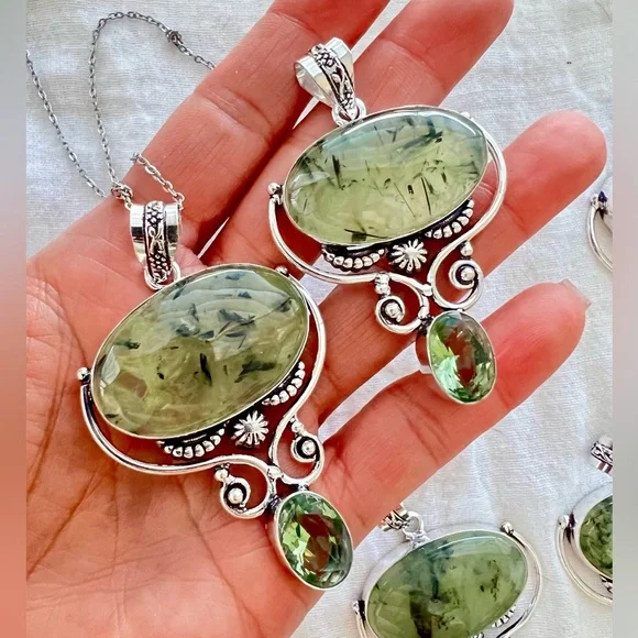 925 Moss Prehnite w/ Epidote! Pendant Necklace