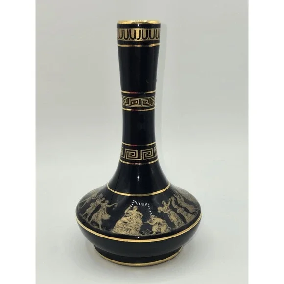 Greek Porcelain Vase‎ Black Gold 24K Gilt Classical Greek Scene Hand Made Greece