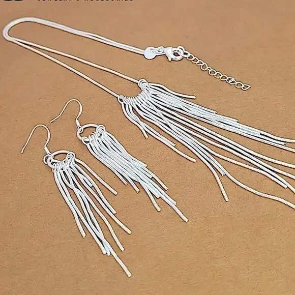 Tassel Sterling Silver Necklace Earrings Matching Set