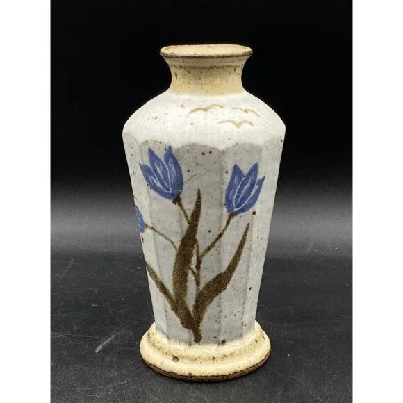 Stoneware Vase Flowers Sand and Browns Color Signed Crown 6.5”