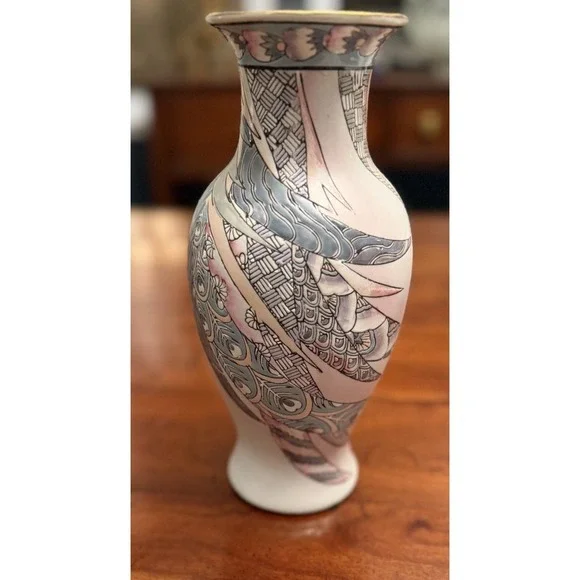 Vintage Ethan Allen Macau Porcelain Vase Pink Gray Peacock Feather Art Nouveau