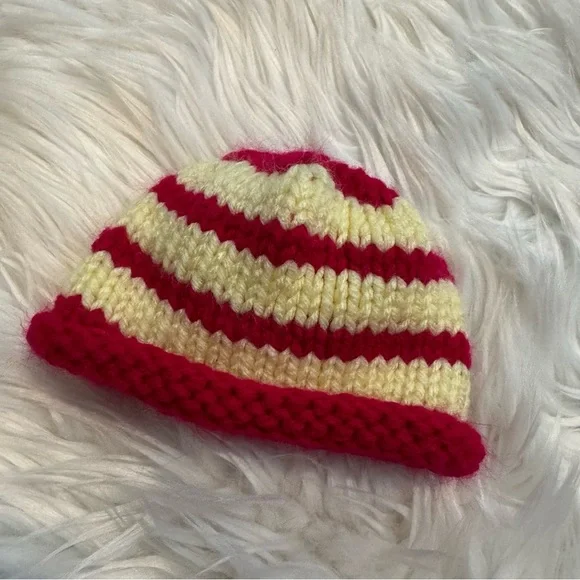 Baby Hand-Knit‎ Striped Beanie Hat Red & Yellow Infant Newborn