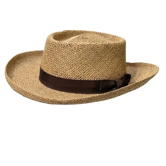 Henschel Hat Co Seagrass Gambler Hat w Fabric Band Sz M Underwelt Brim Made USA