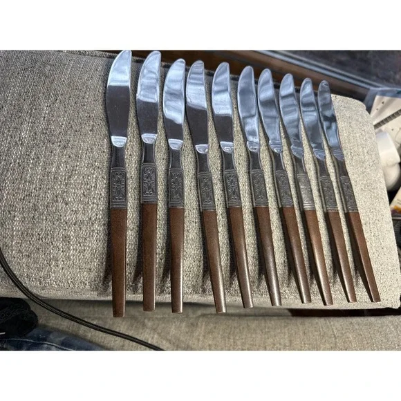 Vintage Set of 10 Steak Knives Stainless Steel Japan Brown Faux Wood Handle‎ MCM