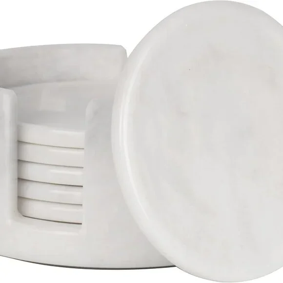 Marble Coasters Set of 6 White 3.5 Inch Round Coaster for Drinks with Holder, Dr