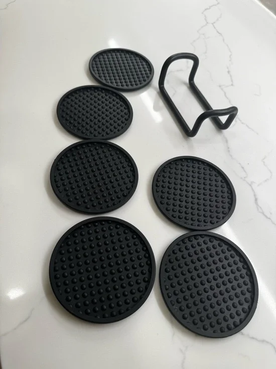 Modern Black Silicone Coaster Set with Metal Holder (6 Pack)