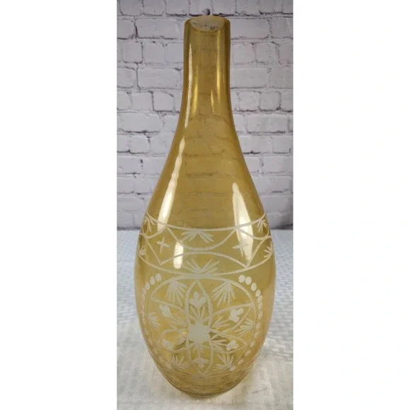 Large Intricately Etched Glass Bottle Handmade Yellow Vase Art Decor 14.75
