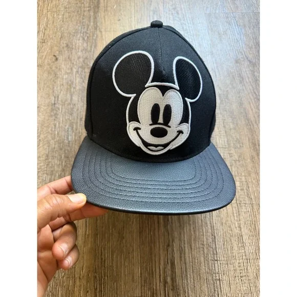 Disney Mickey Mouse Snapback Hat Black Gray Faux Leather Brim Gothic Embroidery
