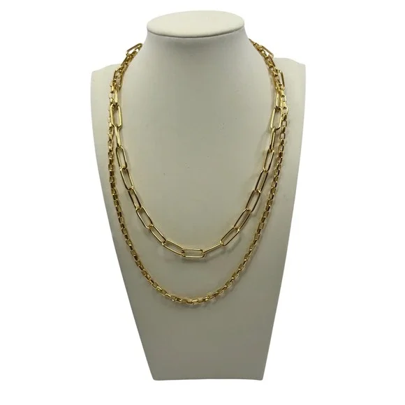 Gold‎ Tone Layered Necklace Set Paperclip and Box Link Chains Quiet Luxury Chic