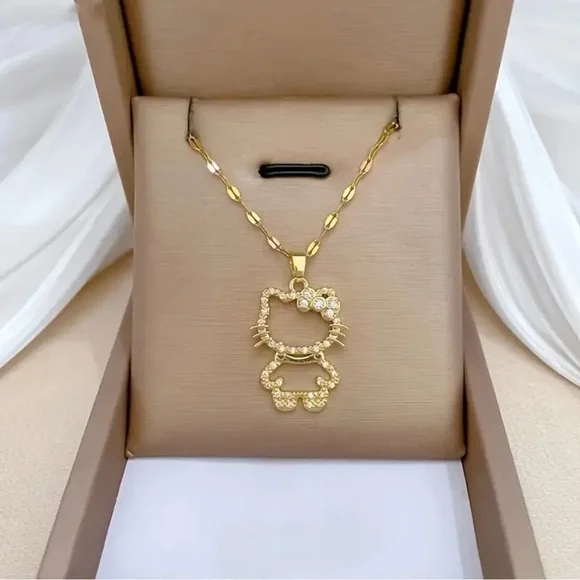 Gold Plated Hello Kitty Pendant Necklace – Crystal Outline Charm