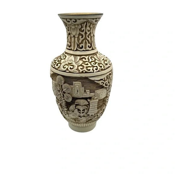 Ivory Dynasty 1982 Arnart Imports Carved Cinnabar‎ & Brass Vase Asian Inspired