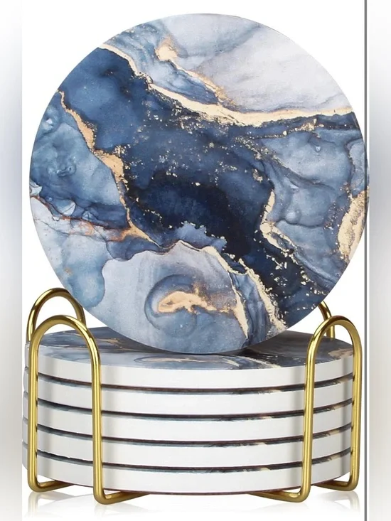 Blue Marble Gold Accent Round Coaster Set