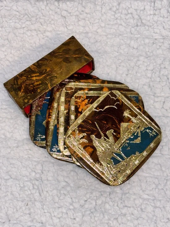 Vintage Egyptian Camel & Pyramid Coaster Set of 6 with Faux Leather Holder