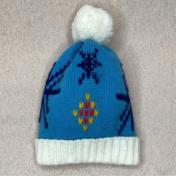 Vintage Kids Pom Beanie Winter Hat-Blue/White-Handwoven-Warm-Cozy-Vtg-Retro-80s