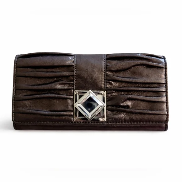 Michael Kors Metallic Ruched Leather Clutch Wallet w/ Jewel Clasp
