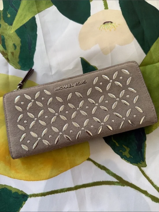 Michael Kors Taupe Suede Zip Wallet with Silver Stud Accents