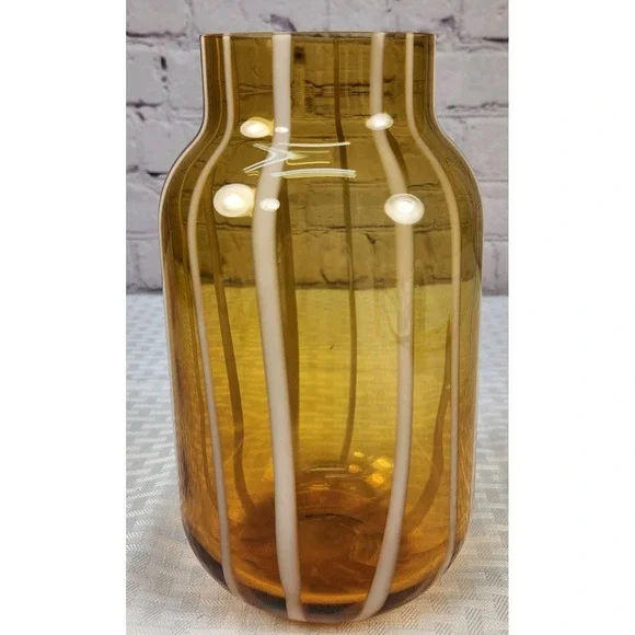 Vintage Hand-Blown Amber Butterscotch And White Striped Glass Vase
