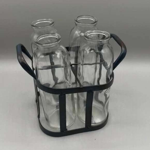 Farmhouse Glass Milk Bottle Set with Metal Wire Carrier Caddy 4 Piece Clear