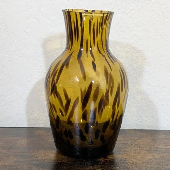 VTG‎ Amber Glass Vase Tortoiseshell Swirl Pattern Art Glass Decor Handmade