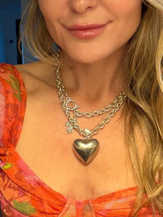 Vintage Silver Puffy Heart Pendant Chain Necklace - Women's Jewelry