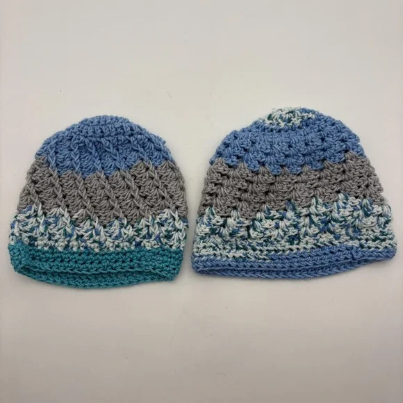 Handmade Beanie Hat Set Of 2 Boys One Size Blue Gray Crochet Winter Multicolor