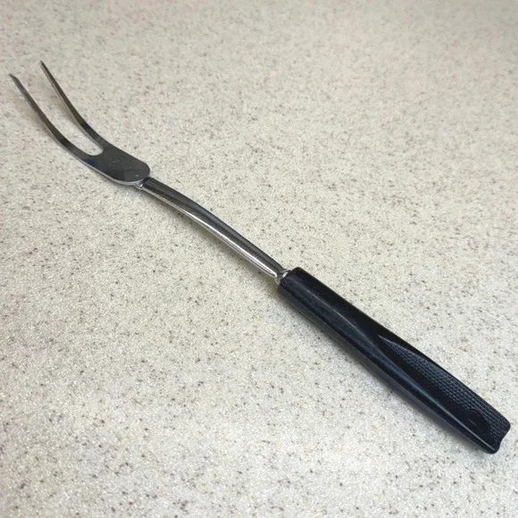Vintage Ekco USA Meat Carving Fork Stainless‎ Steel Black Handle 2 Tine Tool