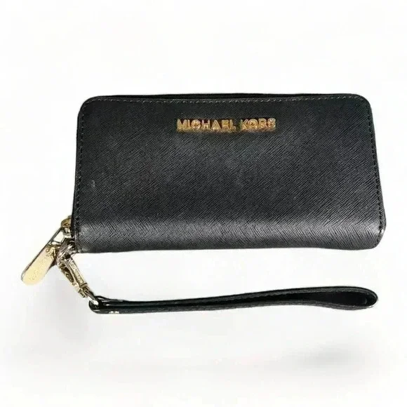 Michael Kors Zip Around Wallet Wristlet Black Leather Gold Logo