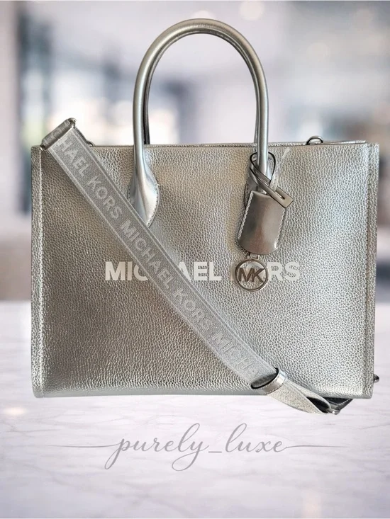 Michael Kors Scarlett Silver Metallic Pebbled Leather Tote with Logo Strap