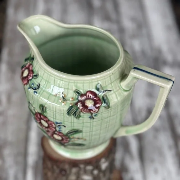 Mid 20th Century Hand Painted Window Pane Camellia Earthenware Jug Japan