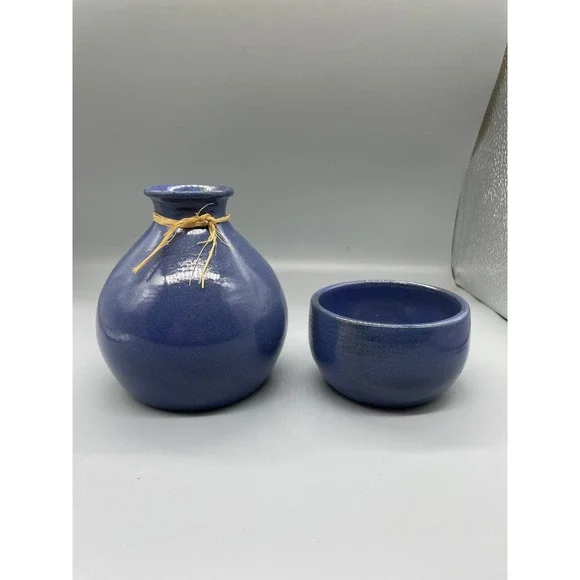 Vintage Blue Pottary Vase and Bowl Set Rustic Farmhouse Decor some discoloration